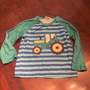 Kids Tractor Print Striped Shirt - Blue and Green